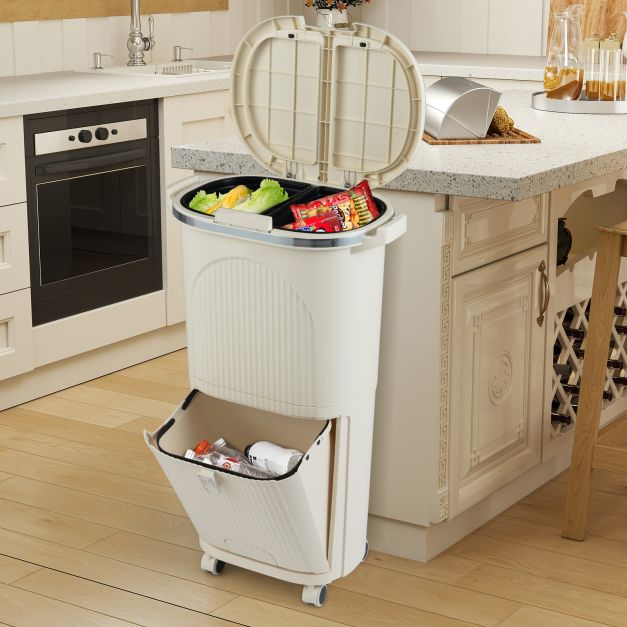 Coast Waste Separation Bin Beige - Poubelle 38L avec 3 compartiments, pédale et roues - 43 x 29 x 74.5 cm
