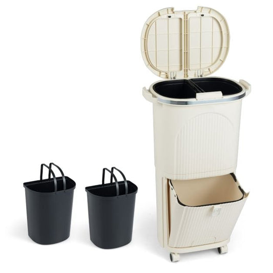 Coast Waste Separation Bin Beige - Poubelle 38L avec 3 compartiments, pédale et roues - 43 x 29 x 74.5 cm