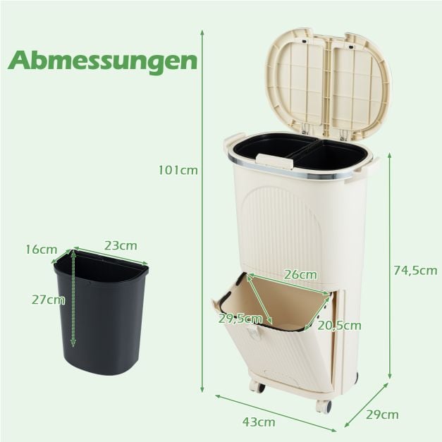 Coast Waste Separation Bin Beige - Poubelle 38L avec 3 compartiments, pédale et roues - 43 x 29 x 74.5 cm