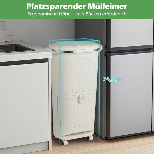 Coast Waste Separation Bin Beige - Poubelle 38L avec 3 compartiments, pédale et roues - 43 x 29 x 74.5 cm