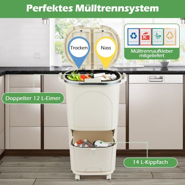 Coast Waste Separation Bin Beige - Poubelle 38L avec 3 compartiments, pédale et roues - 43 x 29 x 74.5 cm