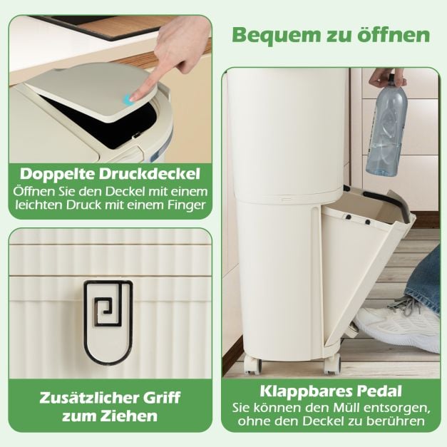 Coast Waste Separation Bin Beige - Poubelle 38L avec 3 compartiments, pédale et roues - 43 x 29 x 74.5 cm
