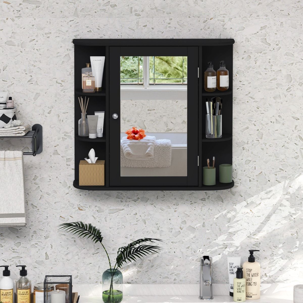 coast Mirror Cabinet Salle de Bain - 66×17×62 cm - Noir - Armoire murale avec porte miroir et étagères ouvertes