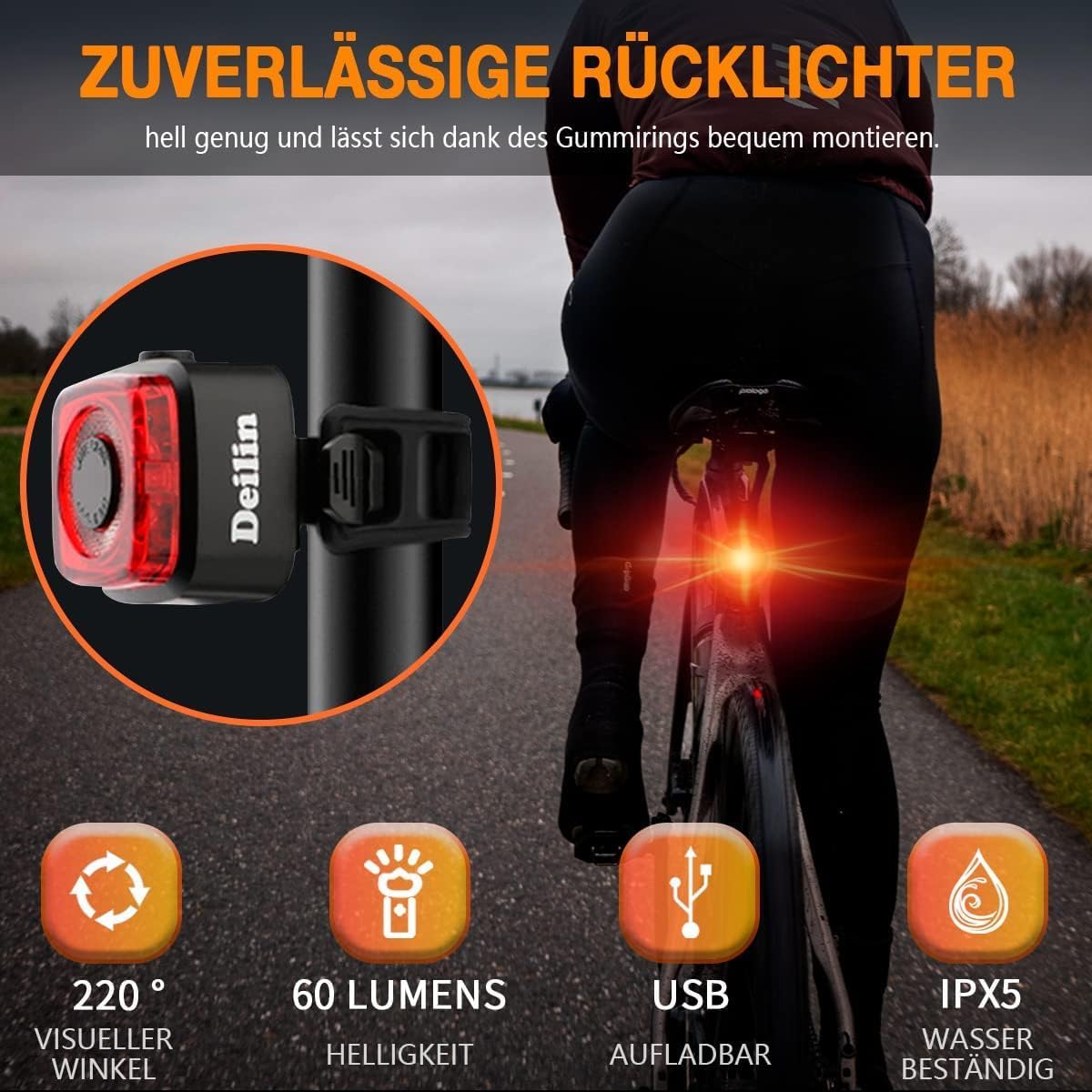 Kit d'éclairage vélo Delin Premium – Doté d'un réglage intelligent de la luminosité, d'un indicateur de batterie et d'un boîtier étanche IPX5 – Pour montage sur guidon et sécurité routière – Polycarbonate noir – 100 lux