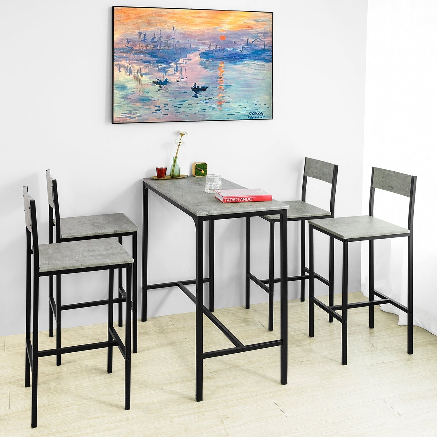 SoBuy Table de bar + 4 tabourets avec dossier - Moderne - max 120 kg - Gris/Noir