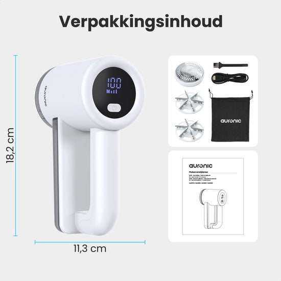 Auronic Electric Lint Remover Pro - Tondeuse à peluches - Autonomie 120 minutes - Rechargeable - Affichage LED - Défoliateur - Blanc