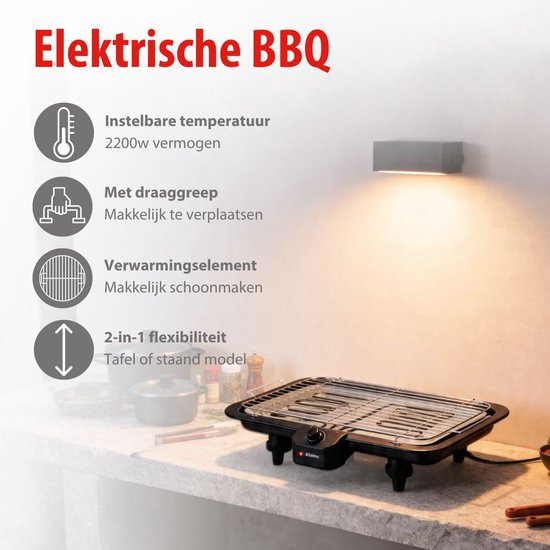 Barbecue électrique Alpina 2-en-1 2200 W - Barbecue électrique de table avec thermostat - Gril électrique avec fonction de maintien au chaud - Gril électrique de table avec grille réglable - 51 x 30 cm - Noir
