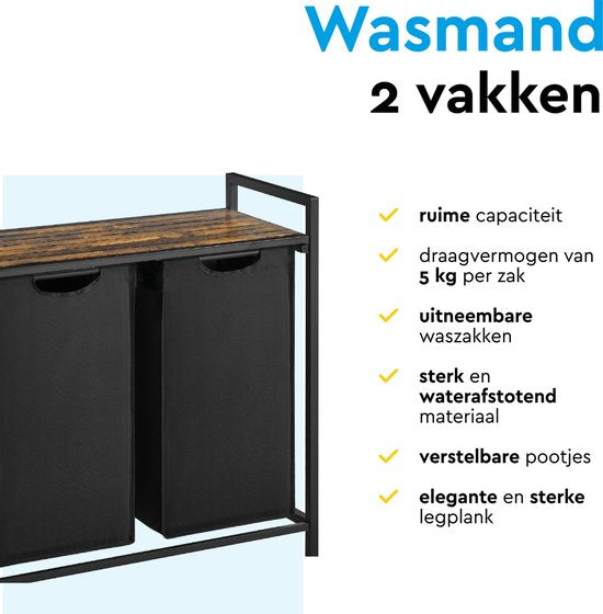 BRASQ Panier à linge 2 compartiments - Trieur à linge 76 litres - Extensible avec étagère 73x33x71 cm - Boite à linge Métal noir - Bois marron - Panier