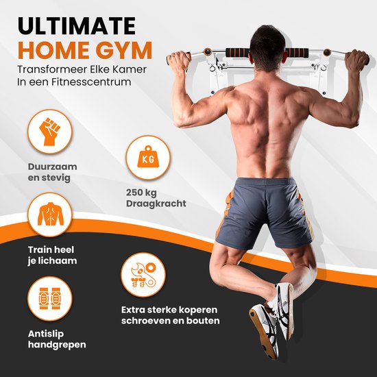 TTD® Premium Pull Up Bar - Pull Up Station - Wall Mount Pull Up Bar - Dip Station - Dip Bars - Home Sports - Home Fitness - Premium materials - Extra sturdy mounting parts - Home workout - White/Orange