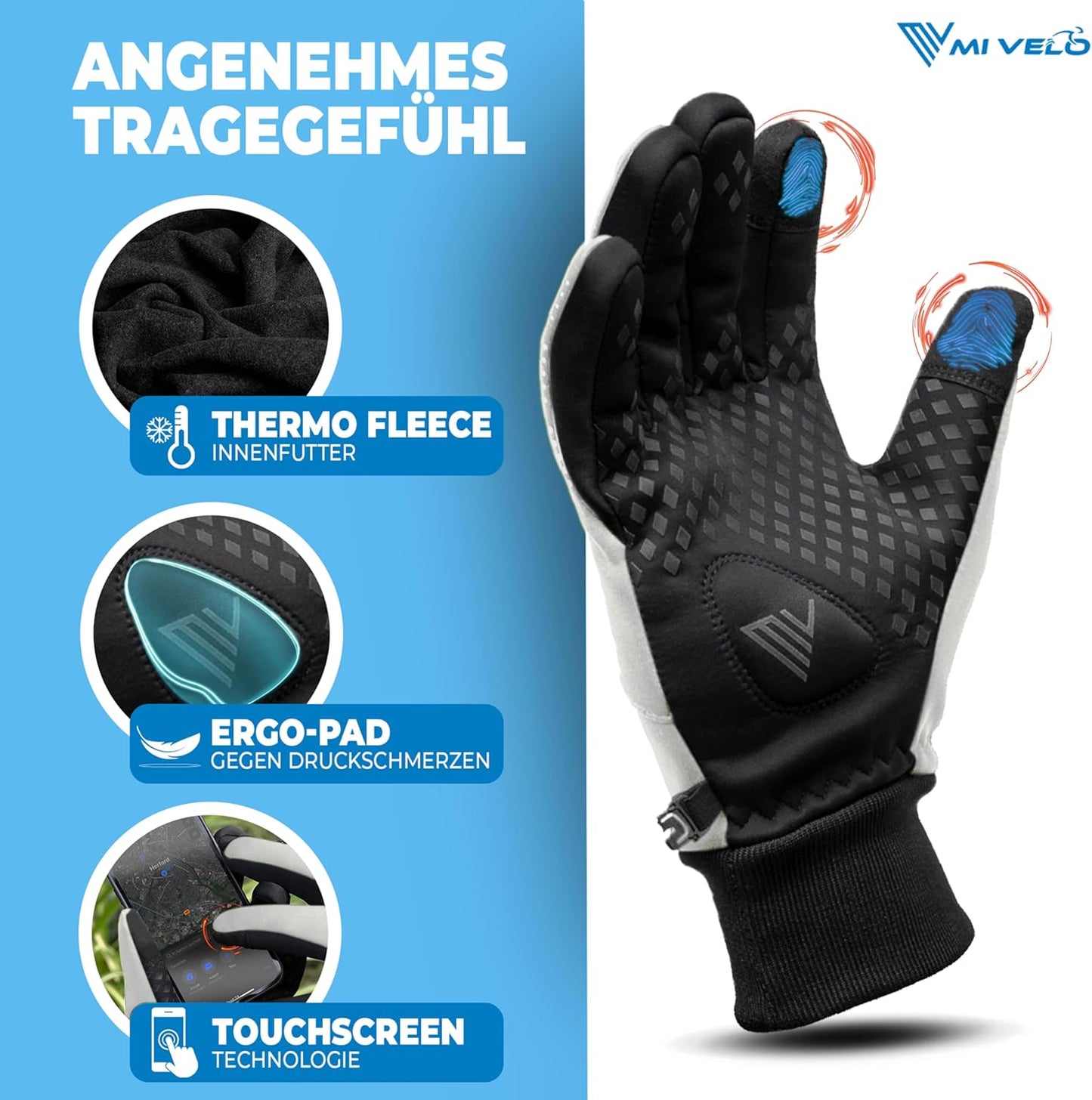 MIVELO Gants de cyclisme VELORIDER - Coupe-vent et imperméable - Compatible avec les écrans tactiles - Réfléchissant - Taille M