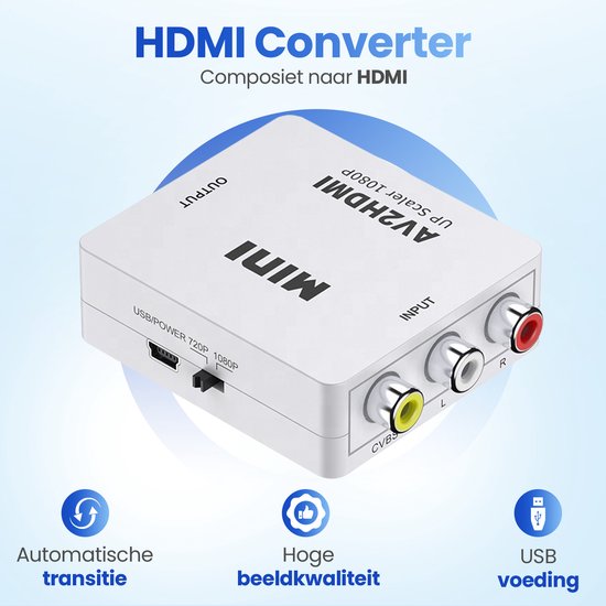 Garpex® Tulip to HDMI Converter - AV to HDMI Adapter - Composite to HDMI - Wii to HDMI - 1080P Full HD - câble d'alimentation USB inclus - Noir