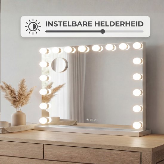 Miroir Bayt Hollywood - Miroir de maquillage - Miroir - Miroir Hollywood 80 x 60 - Intensité réglable - Grossissement 10x - Avec éclairage et Bluetooth - Port USB - 80 x 60 - Blanc