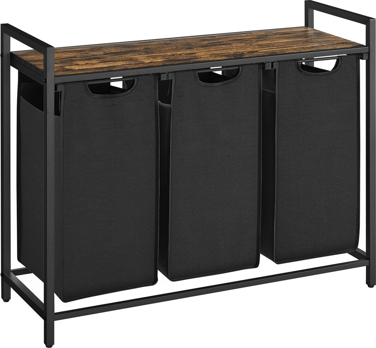 O'DADDY® Panier à linge 3 compartiments - trieur de linge - extensible avec étagère - 92.5 x 33 x 71 cm - panier à linge - 168 L divisé en 3 poches - paniers à linge - panier à linge métal noir - bois brun