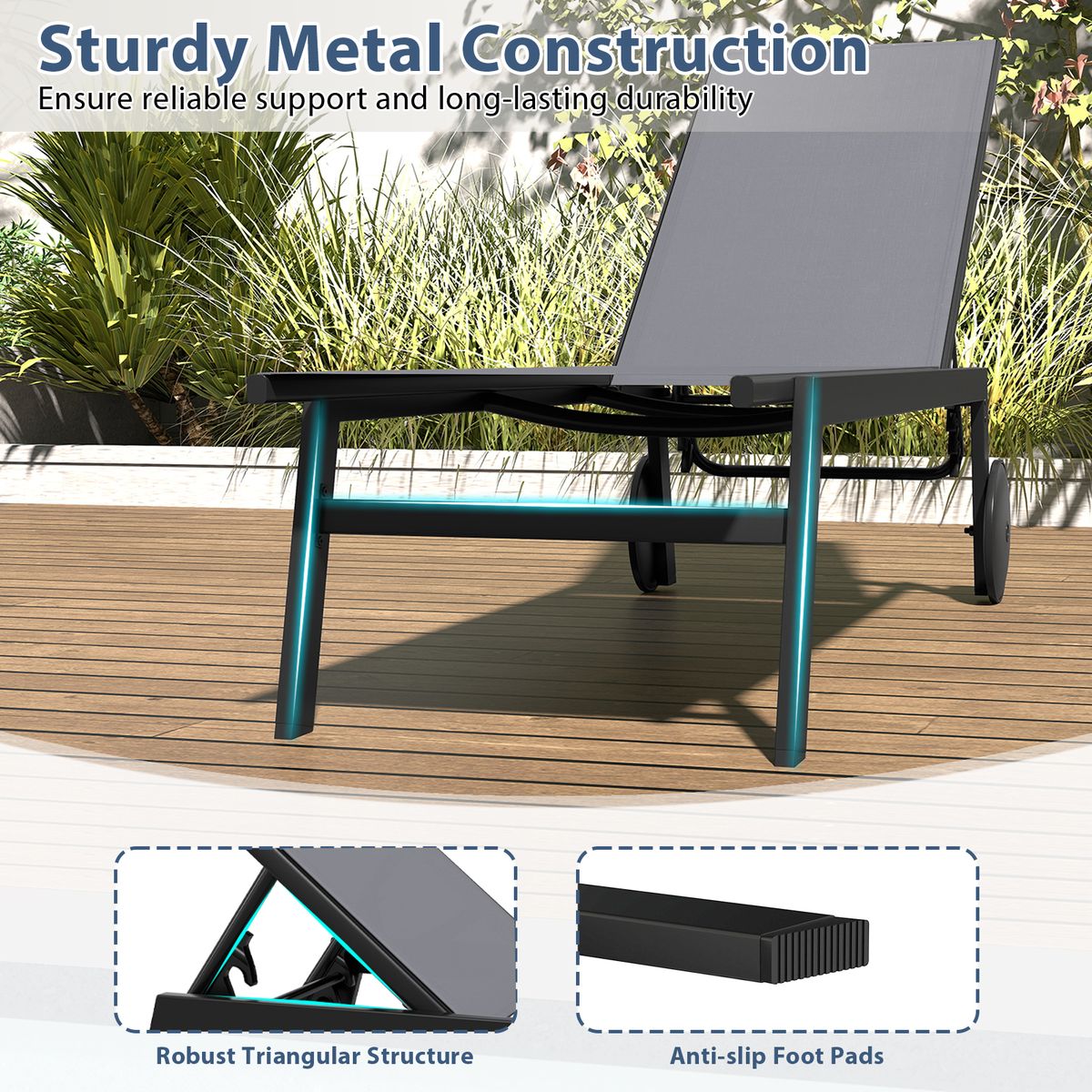Chaise longue de jardin Coast sur roulettes - 6 positions réglables - revêtement respirant - gris - 1 pièce