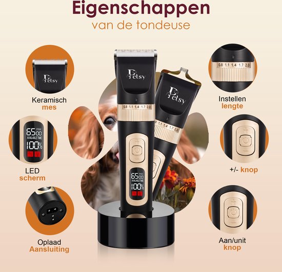 Tondeuse professionnelle pour chiens Petsy - Tondeuse 2-en-1 pour animaux à poil épais - Silencieuse - Tondeuse pour chiens et chats - Tondeuse pour chiens - Station de recharge incluse