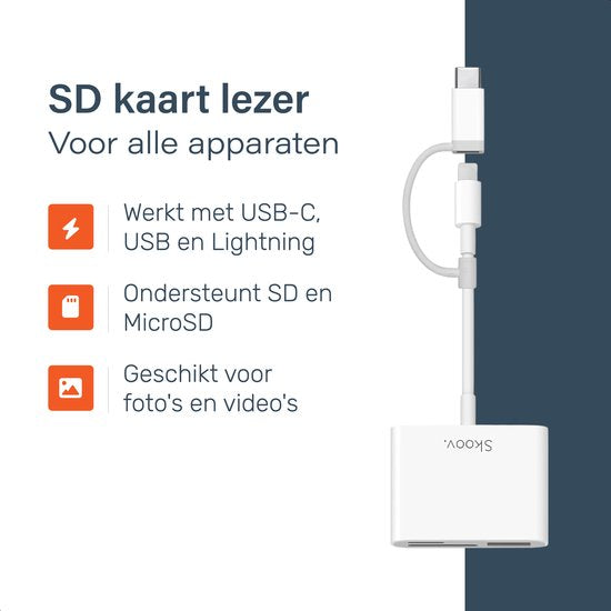 Skoov SD Card Reader - Lecteur de cartes pour iPhone et USB-C - Lecteur de cartes Micro SD et SD - Adaptateur Lightning - Lecteur de cartes mémoire - Lecteur SD et Micro SD - USB vers USB C