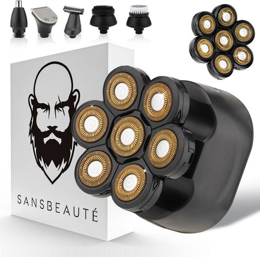Rasoir 6-en-1 pour hommes + tête de rasage supplémentaire - Tondeuse - Sansbeauté® SkullSharp Classic | 7 Lames - Skull Shaver - Rasoir électrique pour le visage et la tête - Rasage de la tête - Wet & Dry - Electrique