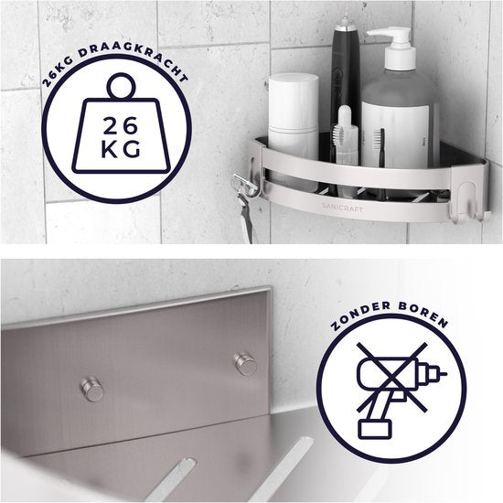 Sanicraft® - Porte-douche - Porte-douche sans perçage - Convient à tout type de mur - Porte-douche suspendu - Porte-douche d'angle - Etagère de douche - Inox - 2 pièces