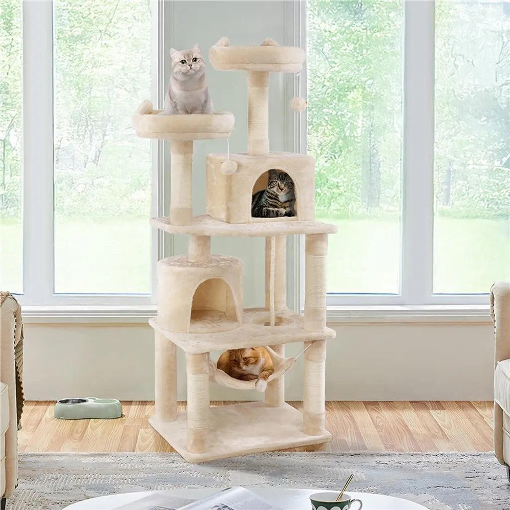 Yaheetech Scratch Post Beige - 158 cm de haut - Avec 2 plateformes, 2 maisons pour chats et 5 griffoirs en sisal