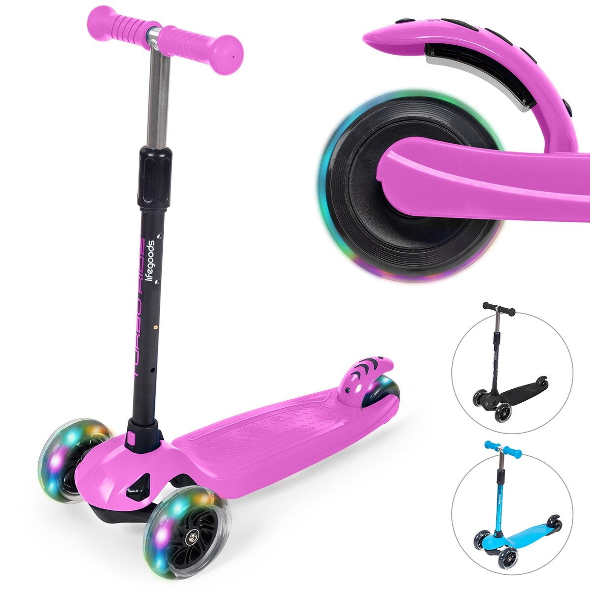 LifeGoods Scooter enfant TurboRide - Étape 5-8 ans - 3 roues lumineuses - Garçons/Filles - Rose