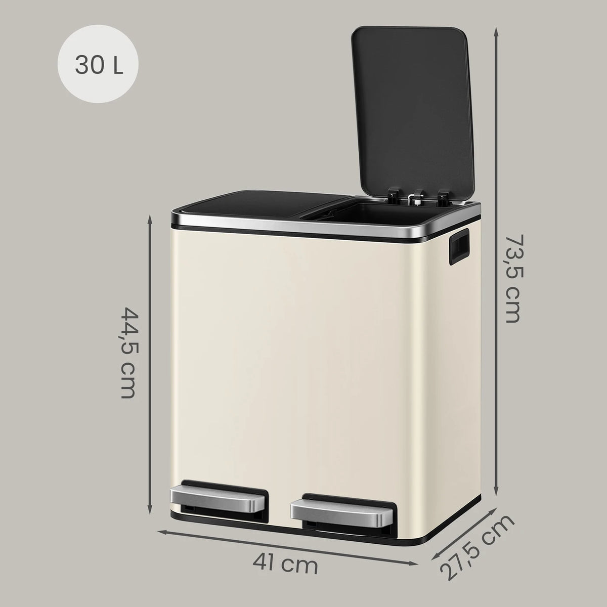 Poubelle à double pédale Joyfurnos - Beige et noir - 2 x 15 litres - Couvercle à fermeture douce - Acier - 41,8 x 35,9 x 44,5 cm