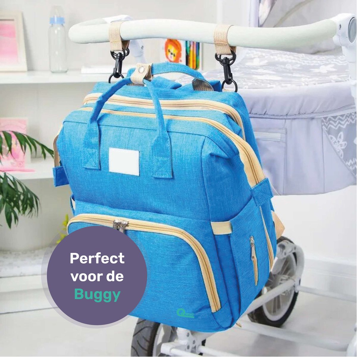 Sac à langer Qwali transformable en lit - 7 porte-biberons - Bleu-gris