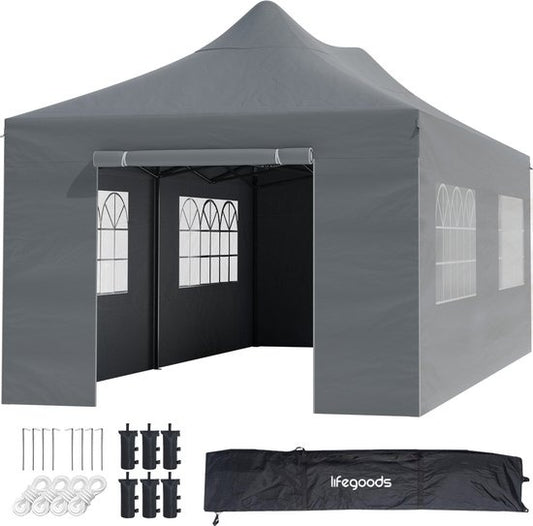 Tente de réception - LifeGoods - Étanche - Sac de transport à roulettes - 3x6 m - Gris foncé