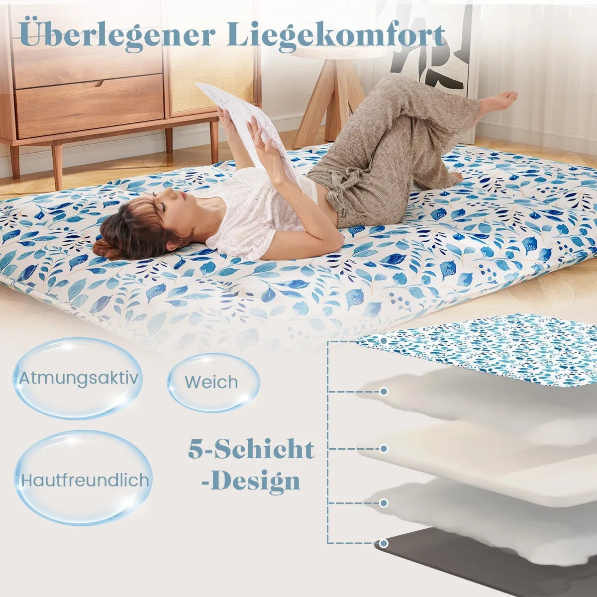 Matelas futon japonais Coast Tatami – Livré avec une housse extérieure lavable en machine, un sac de transport pratique et des sangles de roulement résistantes – Idéal pour les invités et le camping – Microfibre bleue et polyester – 10 x 100 x 200 cm