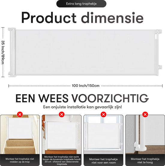 Barrière d'escalier enroulable avec fonction autocollante - Barrière de sécurité - Réglable - Barrière pour chien - Barrière d'escalier sans perçage - Barrière pour enfant - Pour animaux et enfants - 10 à 150 cm de large - Blanc - Sweet Sprout