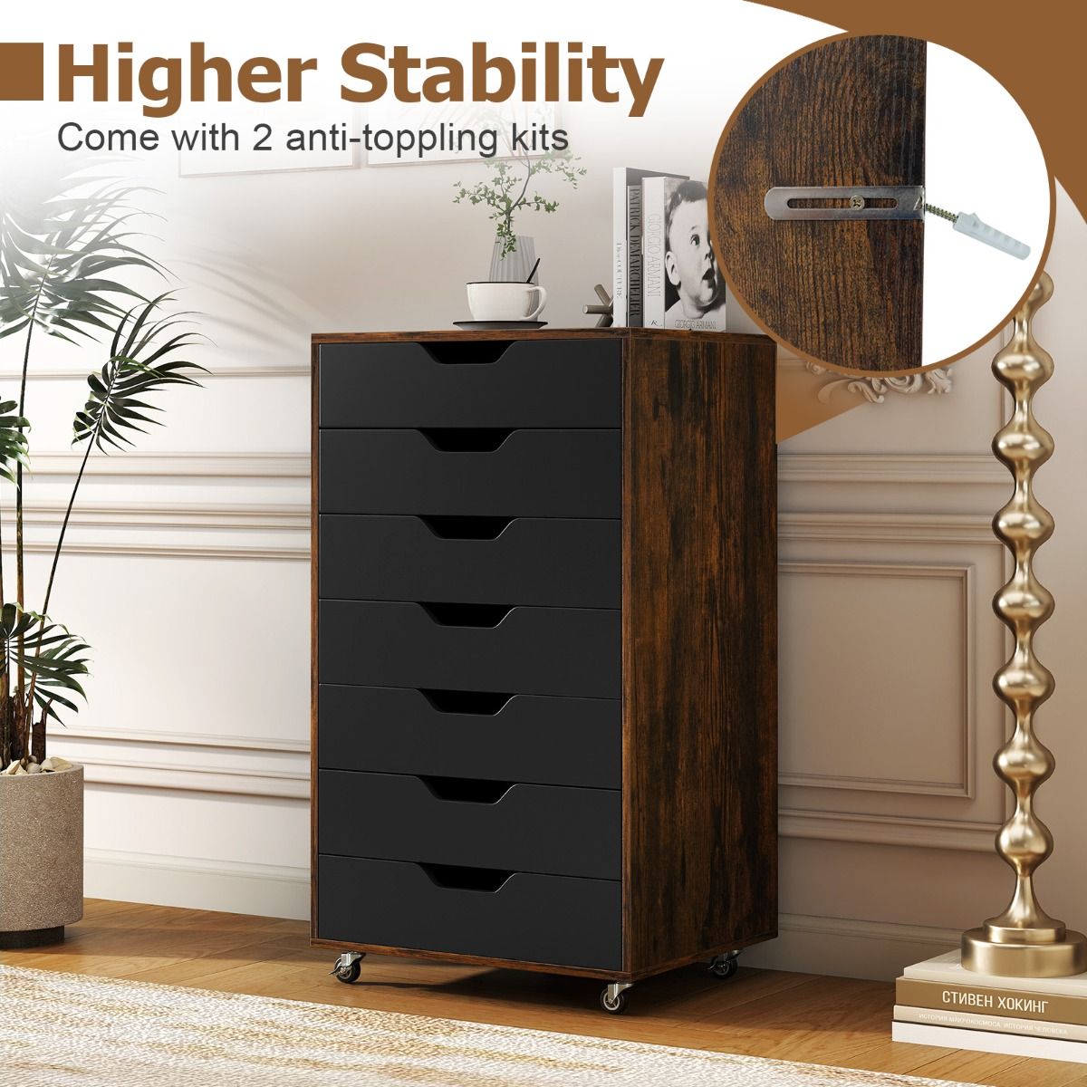 Commode en bois à roulettes Coast avec 7 tiroirs - 49 x 40 x 89 cm - Marron rustique/Noir