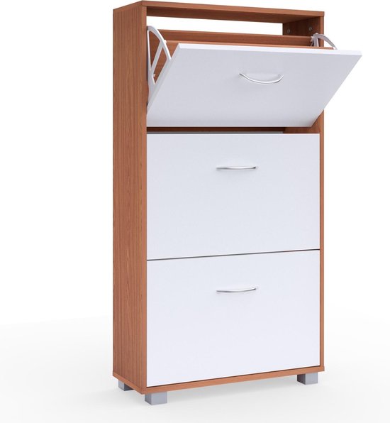 Armoire à chaussures - 3 volets - 115x60x24cm - 18 paires Hêtre/Blanc