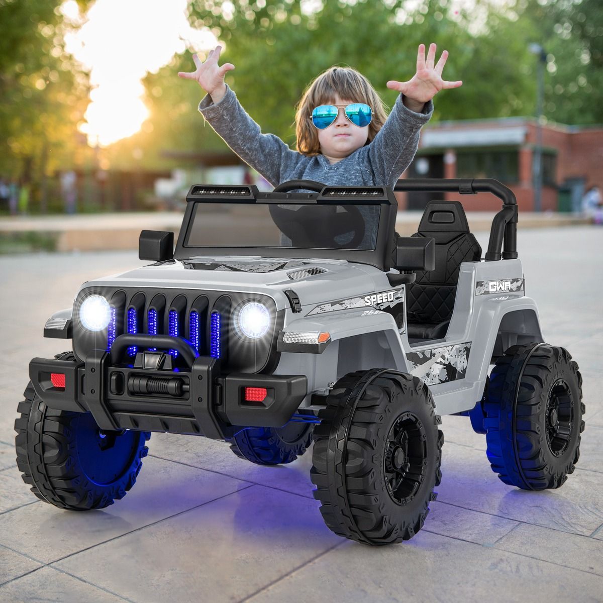 Voiture électrique pour enfants Coast - vitesse rapide et lente - avec télécommande et fonction musicale - grise