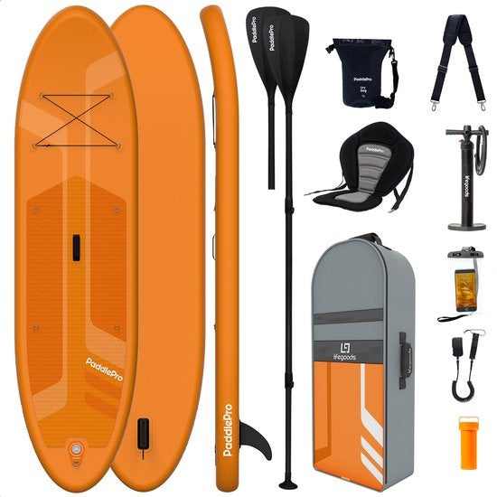 LifeGoods SUP Board - Deluxe Set - avec siège - Planche à pagaie gonflable - Max. 135KG - 320x81cm - Orange