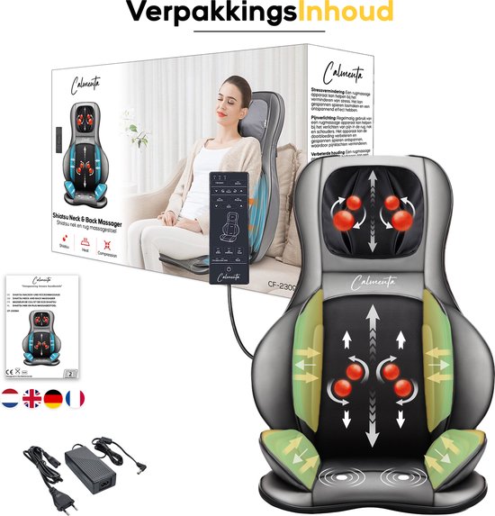 CALMENTA® Chaise de massage shiatsu - Sac de rangement - Appareil de massage pour le dos et le cou - Coussin de massage - Massage par compression - Fonction de chaleur électrique - Vibration - Douleurs du dos et du cou - Tapis de massage
