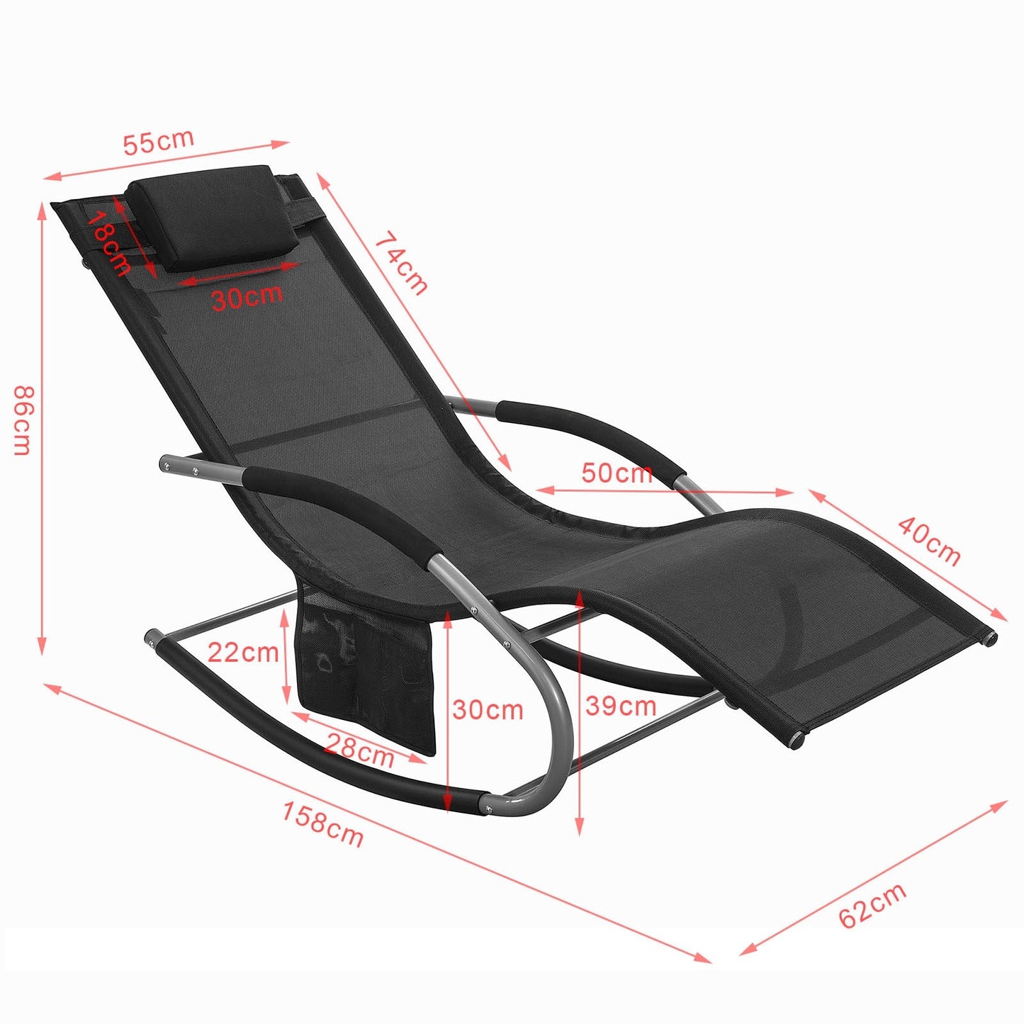 Chaise longue à bascule SoBuy - Avec coussin - Cadre métal - Résistante aux intempéries - Capacité 120 kg - Max. 150 kg - Noir