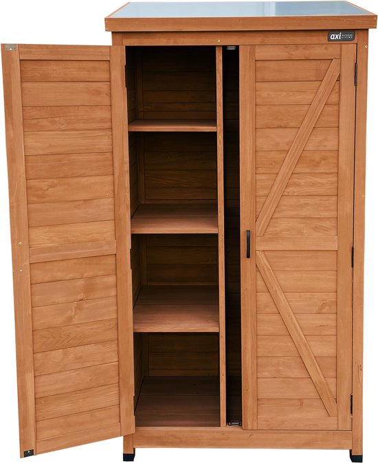 Armoire de rangement en bois AXI Hugo, couleur café - Armoire de jardin avec toit galvanisé - 3 étagères et un fond - Bois certifié FSC - Fermeture magnétique - 85 x 52 x 174 cm