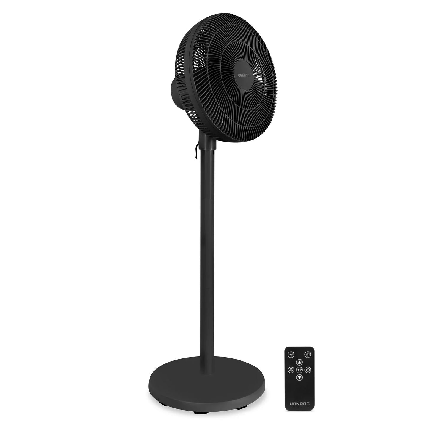 Ventilateur de sol VONROC avec télécommande – Réglable sur 3 hauteurs, avec 7 pales et minuterie – Pour chambre et salon – Plastique noir – 110 cm