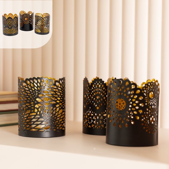 Gadgy Porte-lampions rond - Lot de 3 Porte-lampions Décoration Salon - Lumière d'ambiance à l'intérieur - Porte-bougies pour bougies 8.5x10.5 cm - Lampe à vent en métal - Noir/Or - Cadeau pour Femme - Motif Dentelle