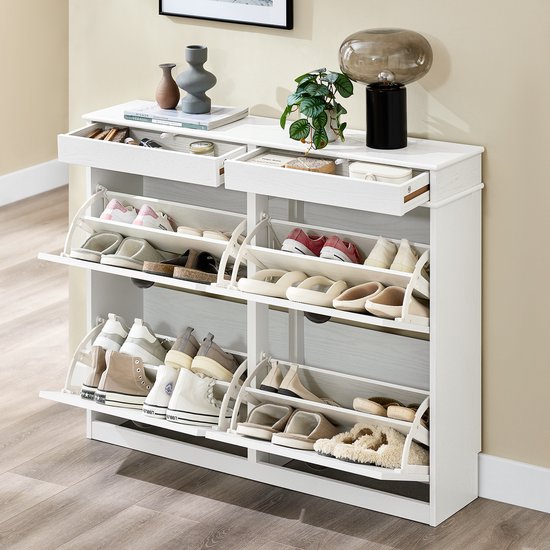 SoBuy FSR79-WG Meuble à chaussures avec 4 abattants, meuble à chaussures, entrée, meuble à chaussures, étagère à chaussures, 16 paires, pour couloir, entrée, 103 x 23 x 82 cm, effet bois antique, blanc
