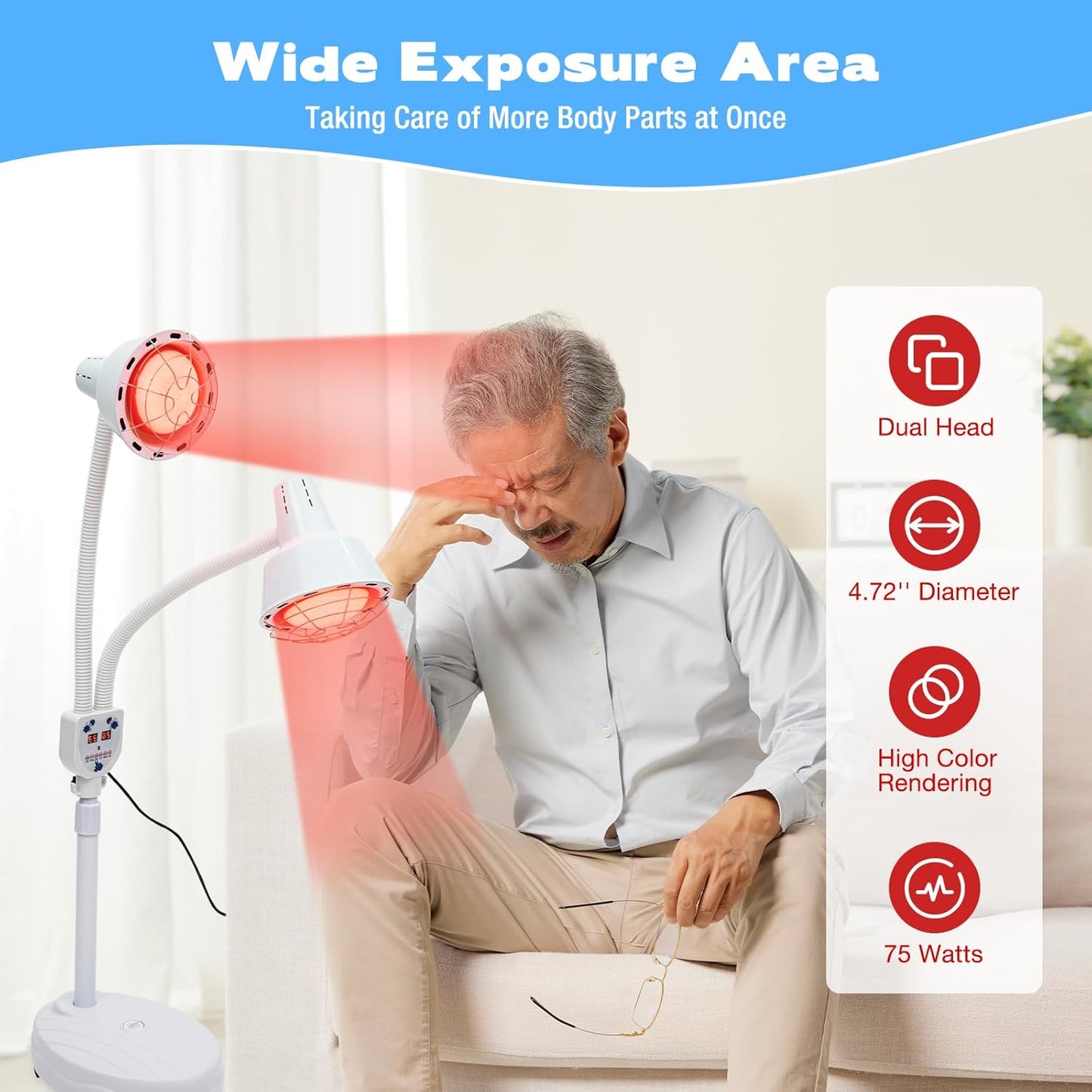 Lampe chauffante infrarouge double Xigner 275 W - Pied réglable de 128 à 158 cm - Double tête pivotante à 360° - Lampe chauffante rouge pour la relaxation musculaire et la circulation sanguine