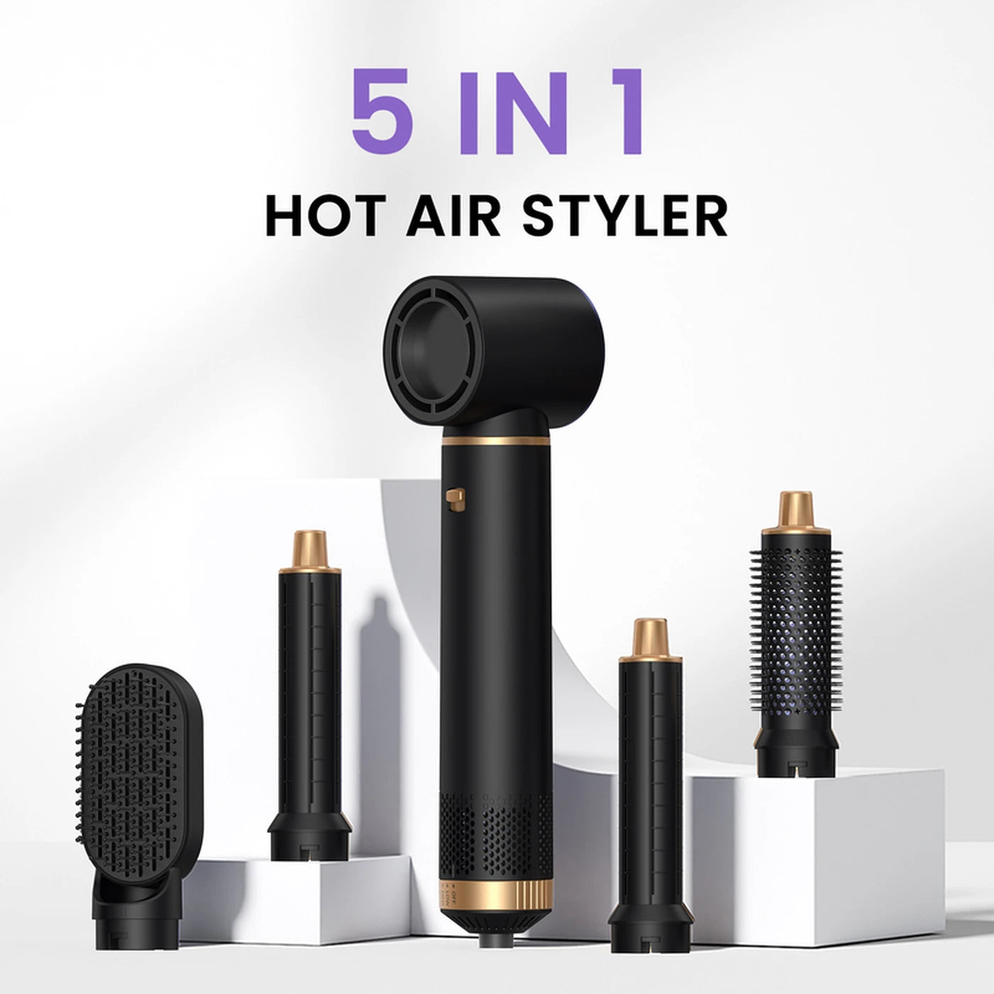 Appareil de coiffure 5-en-1 Atopskins – Sèche-cheveux, fer à friser, brosse lissante et brosse chauffante