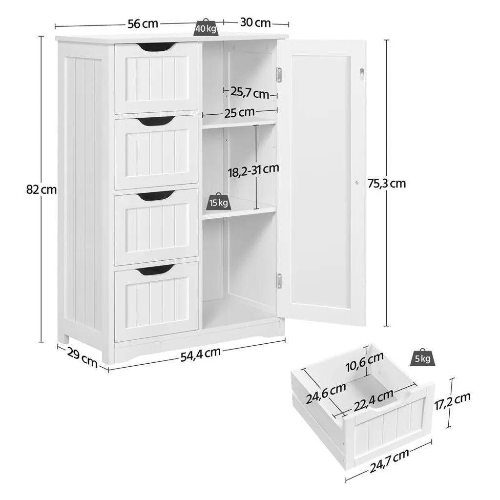 Yaheetech Armoire de toilette - 56x30x82 cm - Rangement - Tiroirs - Réglable - Compact - Blanc