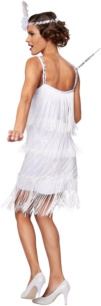 Dressforfun Costume de femme Charleston Diva - Taille L - Blanc - Robe à franges avec bandeau et plume