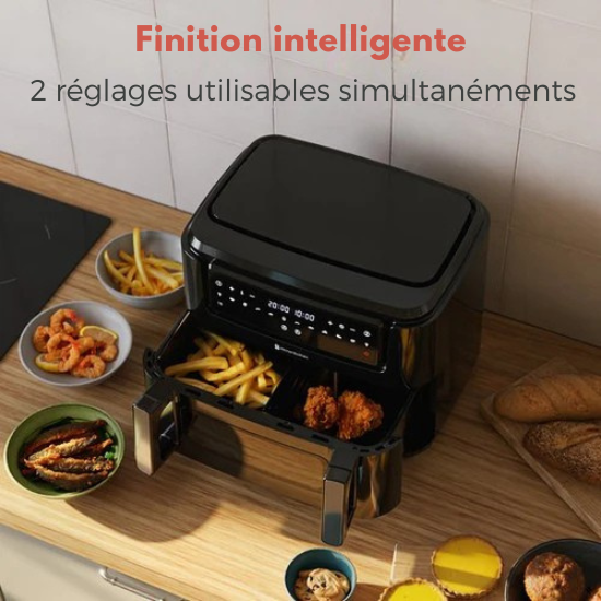 Airfryer XXL - KitchenBrothers - 9L - 2400W - Séparateur Snack - 10 Programmes de cuisson - 50ºC à 200ºC - Noir