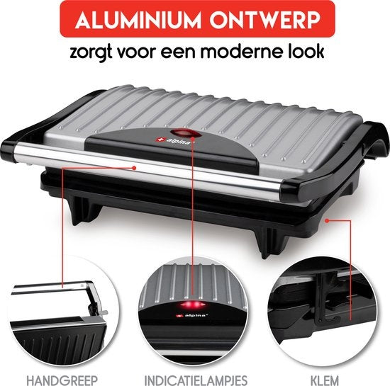 alpina Contact grill - Appareil à toasts - Revêtement antiadhésif - 700W - inox/noir