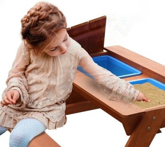 Table de pique-nique Sunny Dave « Zand & Water » en marron pour enfants - Table de pique-nique multifonctionnelle avec 2 bacs amovibles en plastique - Bois certifié FSC