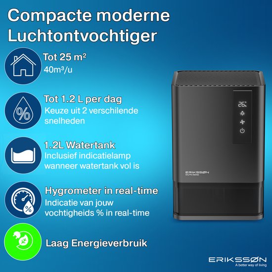 Déshumidificateur Erikssøn Dry Pro Series - Déshumidifie jusqu'à 1,2 litre par jour - Convient à la maison, à la chambre à coucher, à la salle de bain, au salon et au sous-sol - Déshumidificateur - Noir
