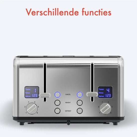 KitchenBrothers Toaster - Grille-pain - 6 niveaux de chaleur - 4 fentes extra-larges - 1630W - inox/Argent
