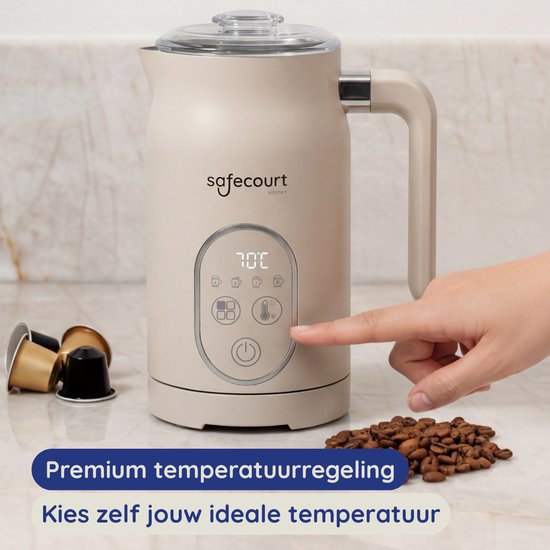 Safecourt kitchen Mousseur à lait électrique - 100% sans PFAS - Affichage et contrôle de la température - 4 en 1 - 350ml - Beige