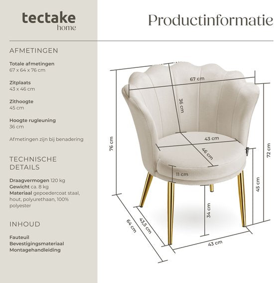 tectake® Fauteuil Stella - Fauteuil baquet avec accoudoirs – Chaise de salle à manger confortable – Chaise de cuisine – Rembourrage épais – Pour le salon et la salle à manger – Avec revêtement en velours - crème/or